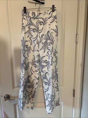 Banana Republic White Wide-Leg Pants with Blue Scroll Pattern